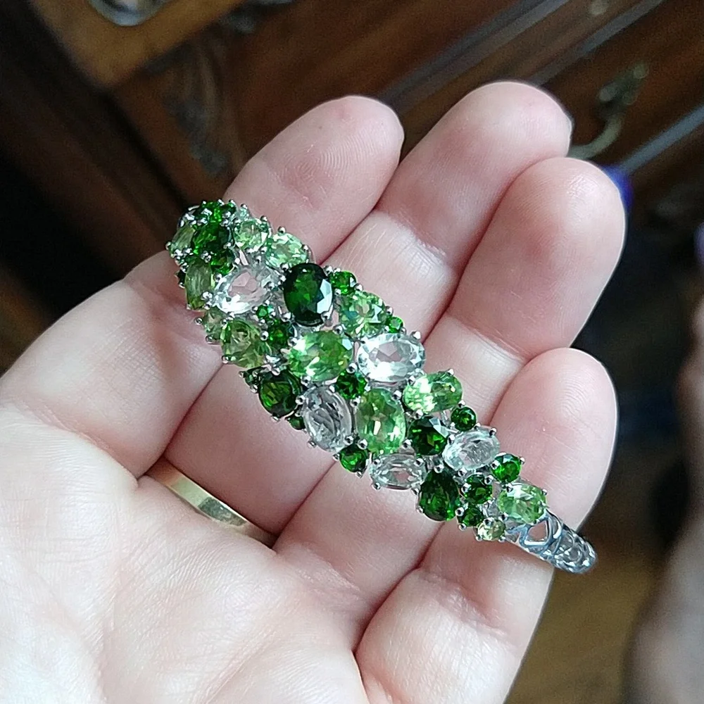 Green and clear gemstone sterling silver 925 bracelet hinged bangle - Picture 9 of 12
